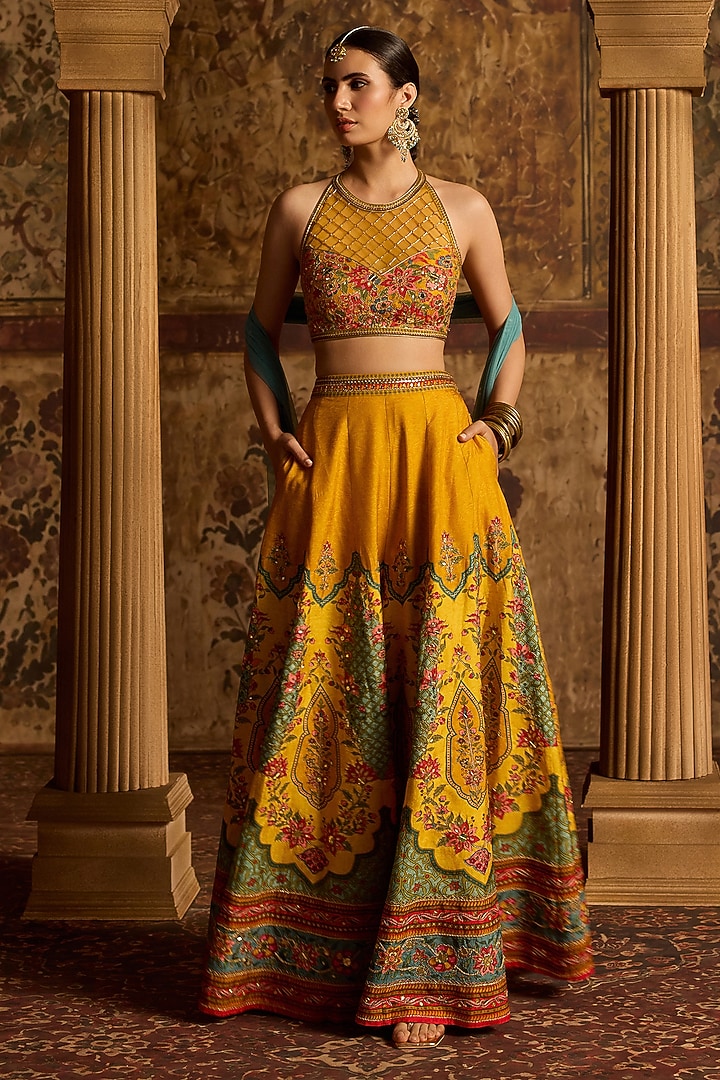 Amber Yellow Viscose Silk Flared Wedding Sharara Set by Kalista at Pernia's Pop Up Shop