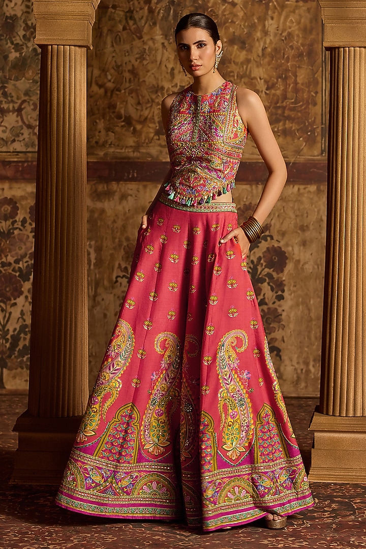 Coral Viscose Silk Flared Wedding Sharara Set by Kalista at Pernia's Pop Up Shop