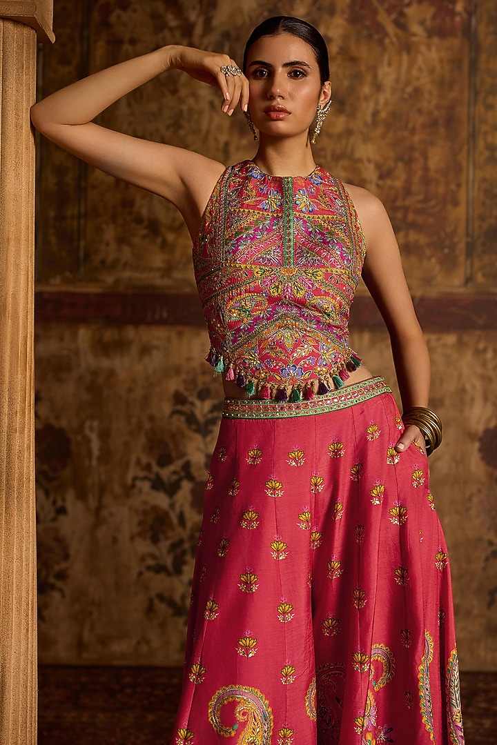 Coral Viscose Silk Flared Wedding Sharara Set by Kalista at Pernia's Pop Up Shop