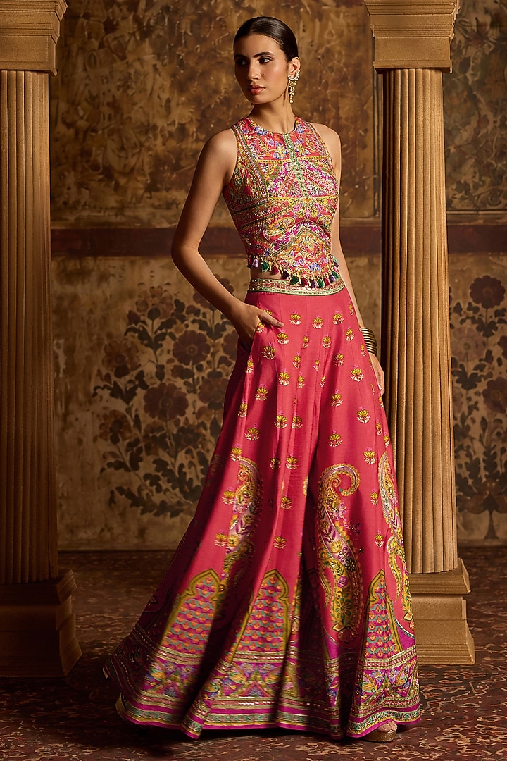 Coral Viscose Silk Flared Wedding Sharara Set by Kalista at Pernia's Pop Up Shop