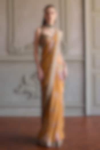 Mustard Viscose Georgette Printed Pre-Draped Wedding Saree Set by Kalista at Pernia's Pop Up Shop