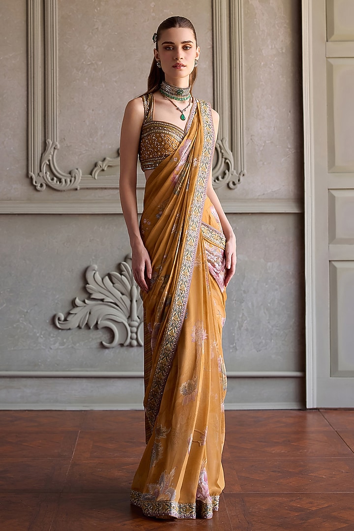 Mustard Viscose Georgette Printed Pre-Draped Wedding Saree Set by Kalista at Pernia's Pop Up Shop