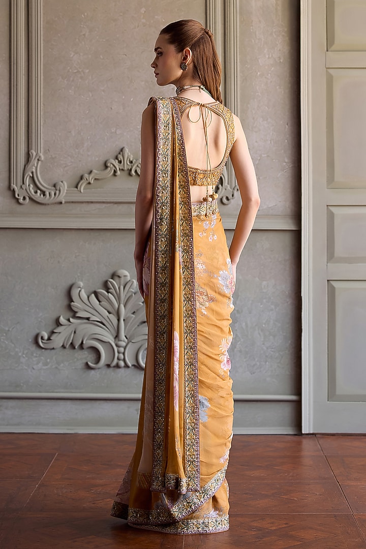 Mustard Viscose Georgette Printed Pre-Draped Wedding Saree Set by Kalista at Pernia's Pop Up Shop