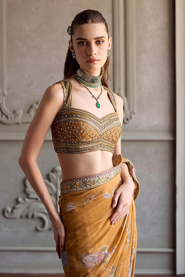 Mustard Viscose Georgette Printed Pre-Draped Wedding Saree Set by Kalista at Pernia's Pop Up Shop