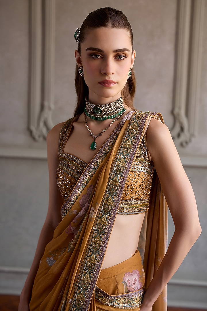 Mustard Viscose Georgette Printed Pre-Draped Wedding Saree Set by Kalista at Pernia's Pop Up Shop