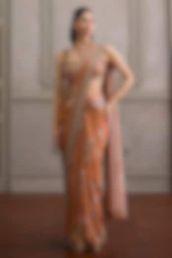 Peach Viscose Georgette Printed Pre-Draped Wedding Saree Set by Kalista at Pernia's Pop Up Shop