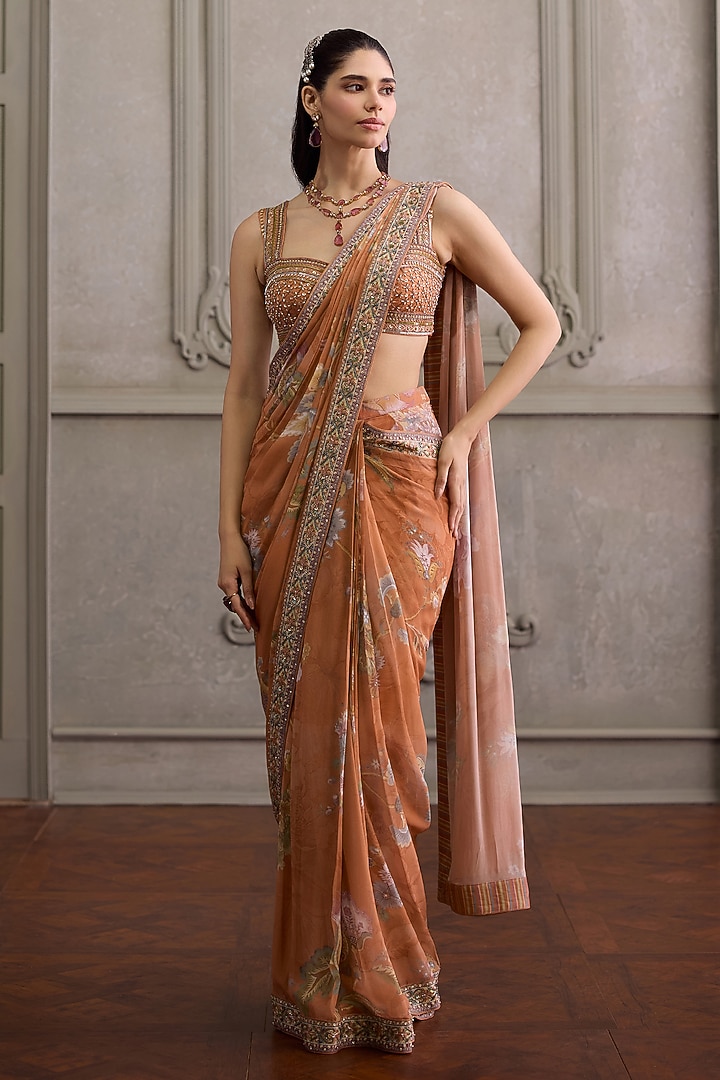 Peach Viscose Georgette Printed Pre-Draped Wedding Saree Set by Kalista at Pernia's Pop Up Shop