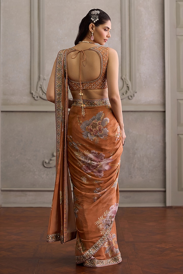 Peach Viscose Georgette Printed Pre-Draped Wedding Saree Set by Kalista at Pernia's Pop Up Shop