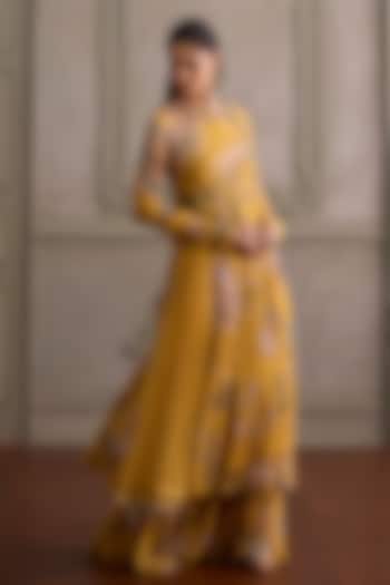 Yellow Floral Viscose Georgette Printed Angrakha Kurta Set by Kalista at Pernia's Pop Up Shop