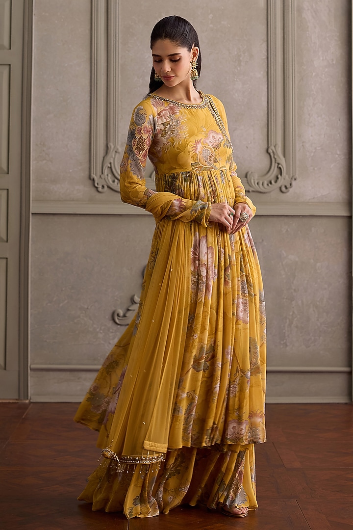 Yellow Floral Viscose Georgette Printed Angrakha Kurta Set by Kalista at Pernia's Pop Up Shop