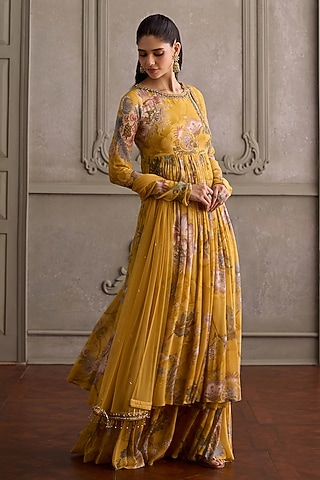 Yellow Floral Viscose Georgette Printed Angrakha Kurta Set by Kalista