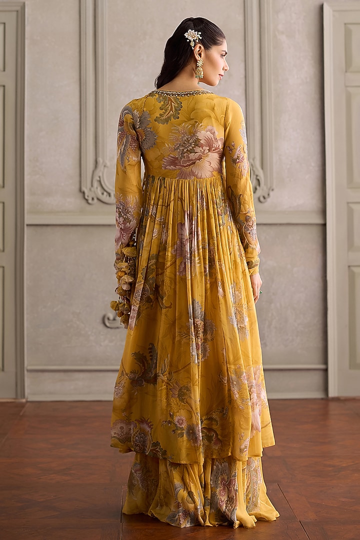 Yellow Floral Viscose Georgette Printed Angrakha Kurta Set by Kalista at Pernia's Pop Up Shop