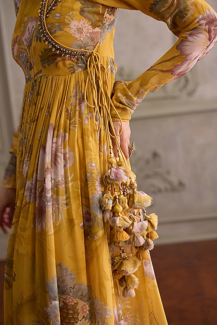 Yellow Floral Viscose Georgette Printed Angrakha Kurta Set by Kalista at Pernia's Pop Up Shop