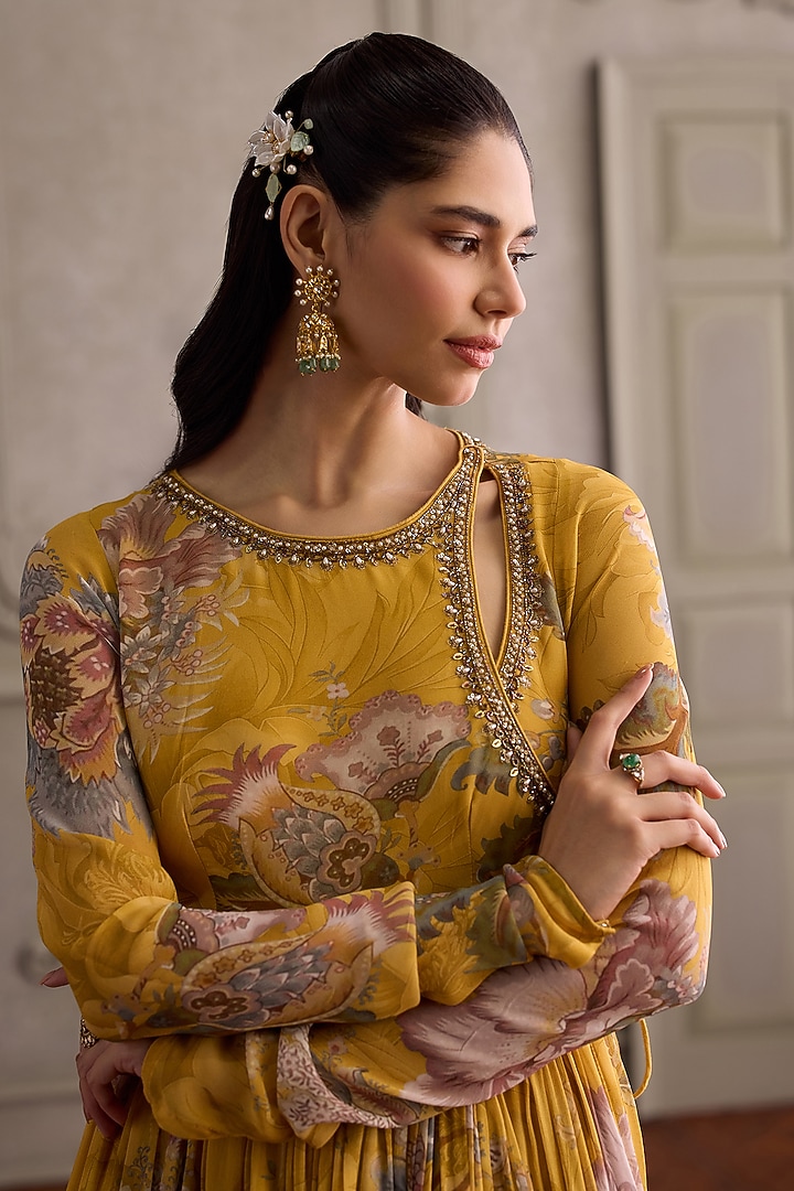 Yellow Floral Viscose Georgette Printed Angrakha Kurta Set by Kalista at Pernia's Pop Up Shop