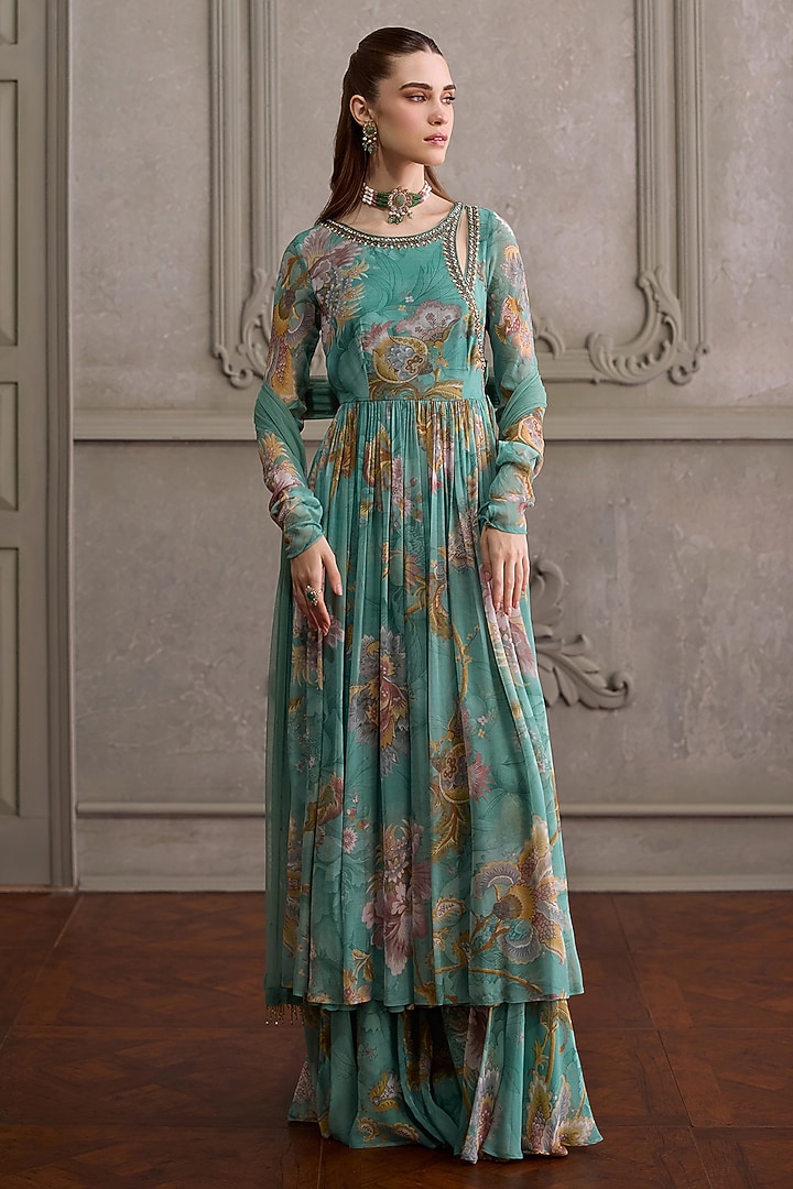 Mint Floral Viscose Georgette Printed Angrakha Set by Kalista at Pernia's Pop Up Shop