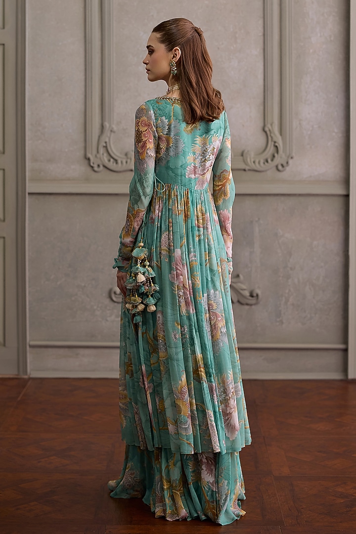 Mint Floral Viscose Georgette Printed Angrakha Set by Kalista at Pernia's Pop Up Shop