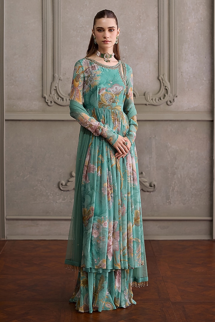 Mint Floral Viscose Georgette Printed Angrakha Set by Kalista at Pernia's Pop Up Shop
