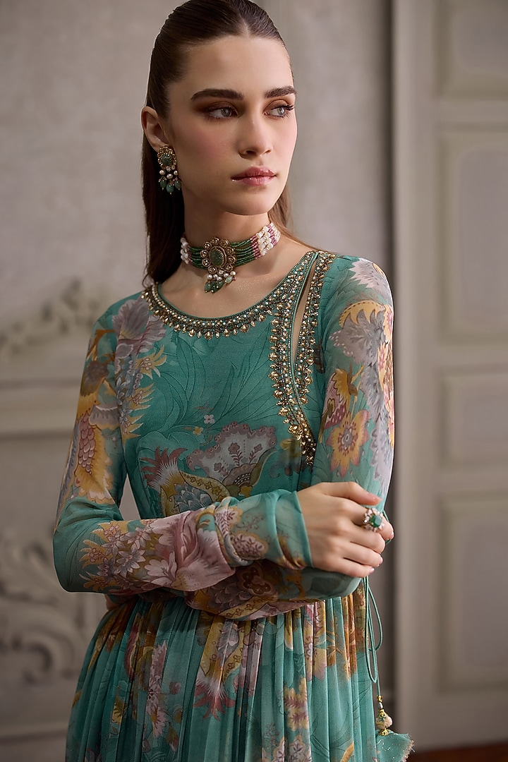 Mint Floral Viscose Georgette Printed Angrakha Set by Kalista at Pernia's Pop Up Shop
