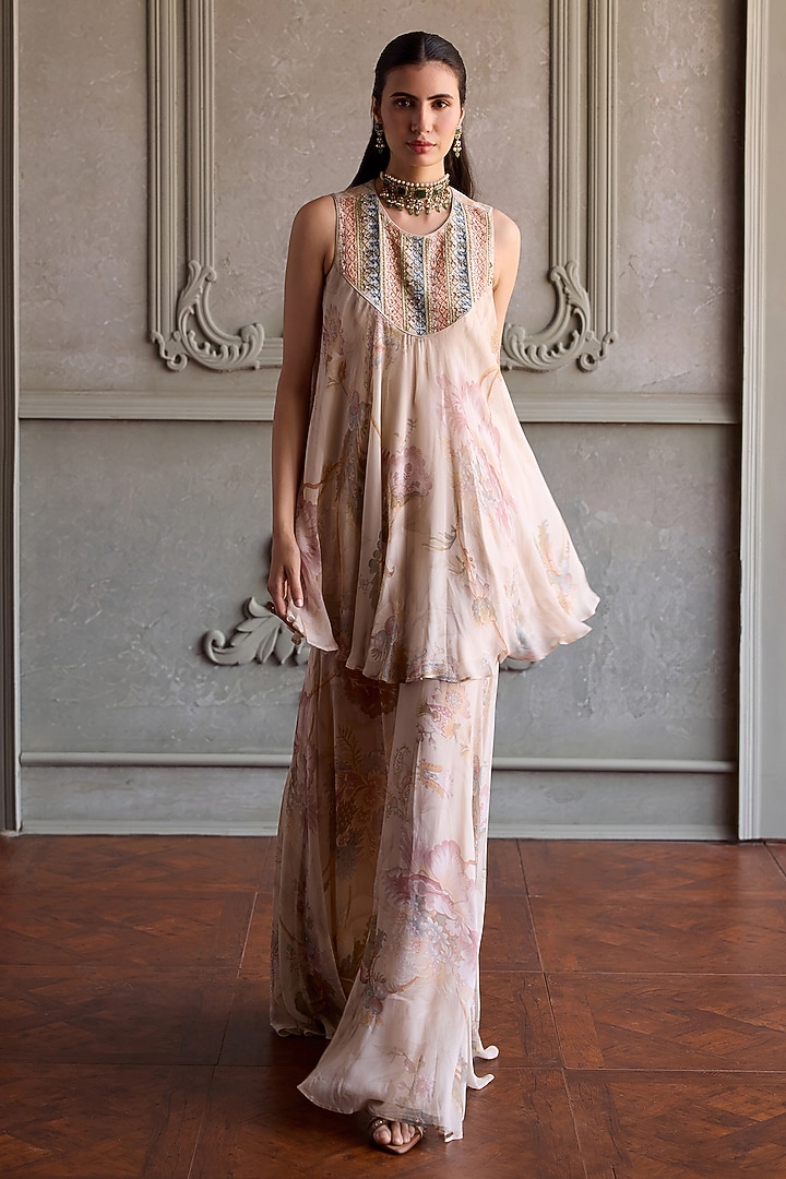 White Viscose Georgette Embroidered Party Wear Sharara Set by Kalista at Pernia's Pop Up Shop
