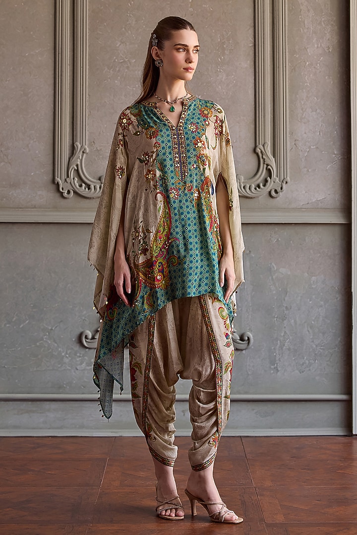 Beige Viscose Crepe Printed Kaftan Set by Kalista at Pernia's Pop Up Shop