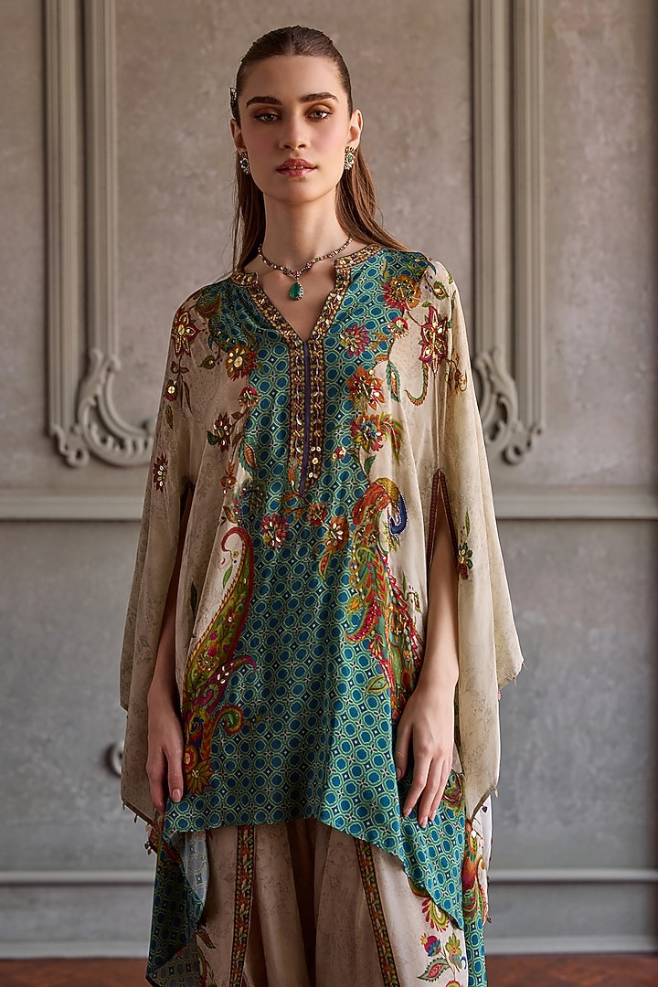 Beige Viscose Crepe Printed Kaftan Set by Kalista at Pernia's Pop Up Shop
