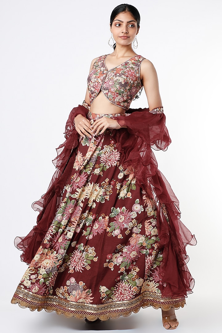 Maroon Floral Embroidered Lehenga Set by Kalista
