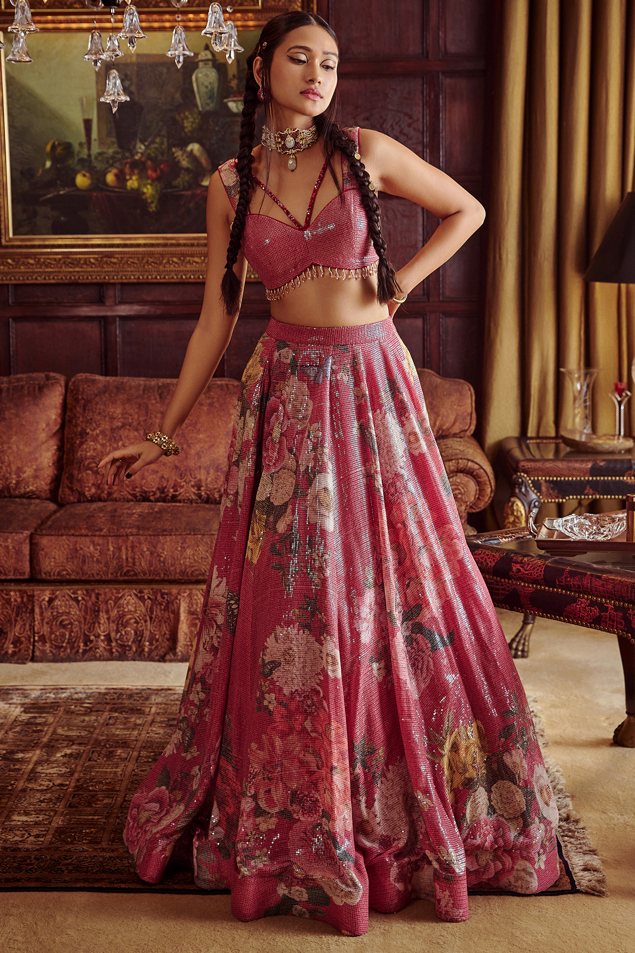 Crimson Pink Sequined Lehenga Set by Kalista