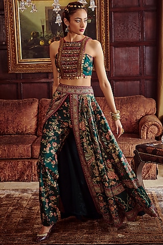 Bottle Green Embroidered Skirt Set by Kalista