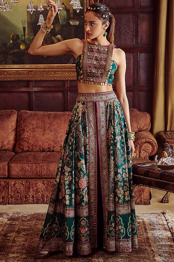 Bottle Green Embroidered Skirt Set by Kalista at Pernia's Pop Up Shop