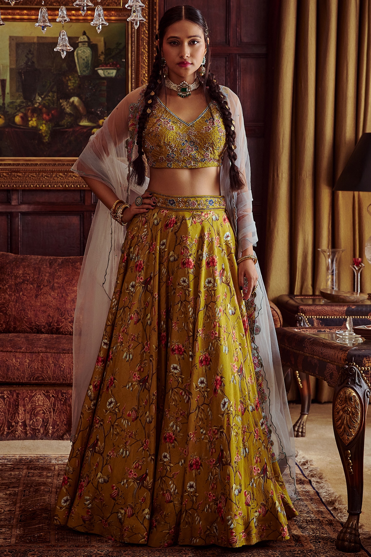 Yasvika-M yellow banarasi weaved triple layered lehenga set (FB-11) – Anju  Modi