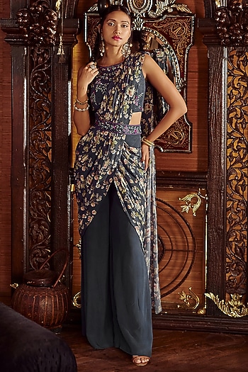 Blue Viscose Georgette Printed Pre-Draped Party Wear Saree Set by Kalista at Pernia's Pop Up Shop