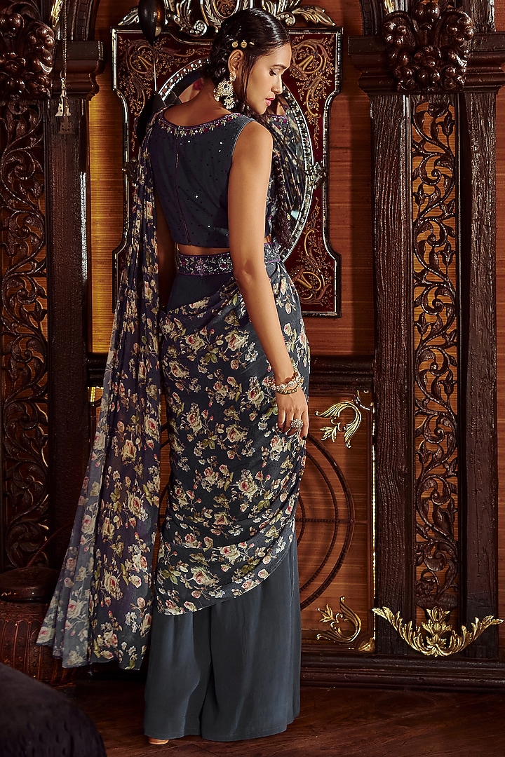 Blue Viscose Georgette Printed Pre-Draped Party Wear Saree Set by Kalista at Pernia's Pop Up Shop