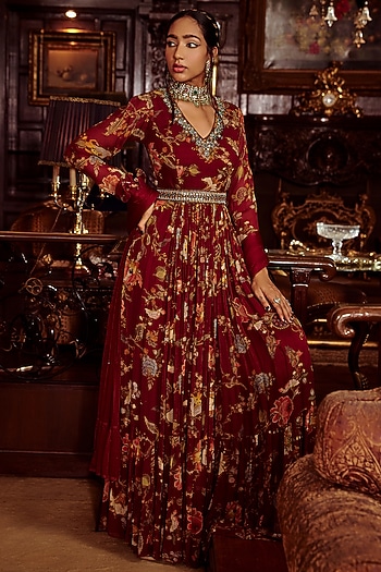 Maroon Printed Wedding Anarkali Set by Kalista at Pernia's Pop Up Shop