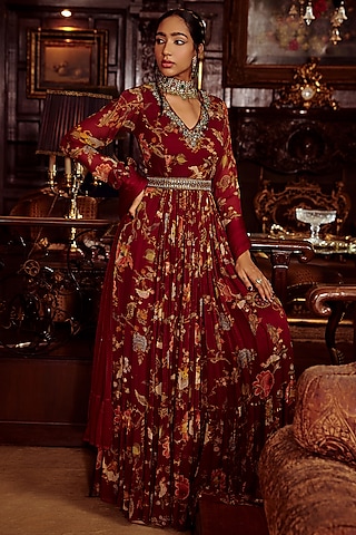 Maroon Printed Anarkali Set by Kalista