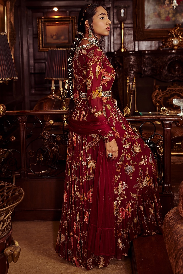 Maroon Printed Wedding Anarkali Set by Kalista at Pernia's Pop Up Shop