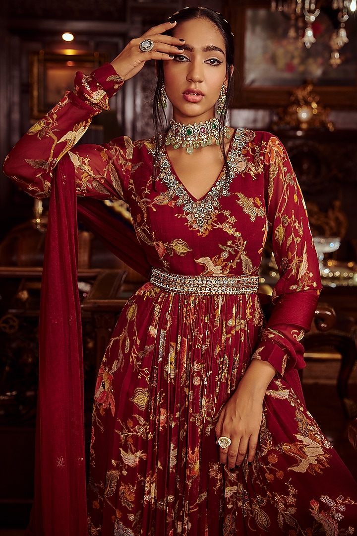Maroon Printed Wedding Anarkali Set by Kalista at Pernia's Pop Up Shop
