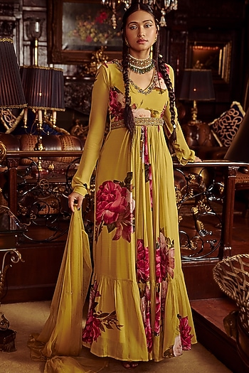 Yellow Printed Wedding Anarkali Set by Kalista at Pernia's Pop Up Shop