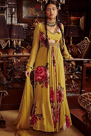 Yellow Printed Anarkali Set by Kalista