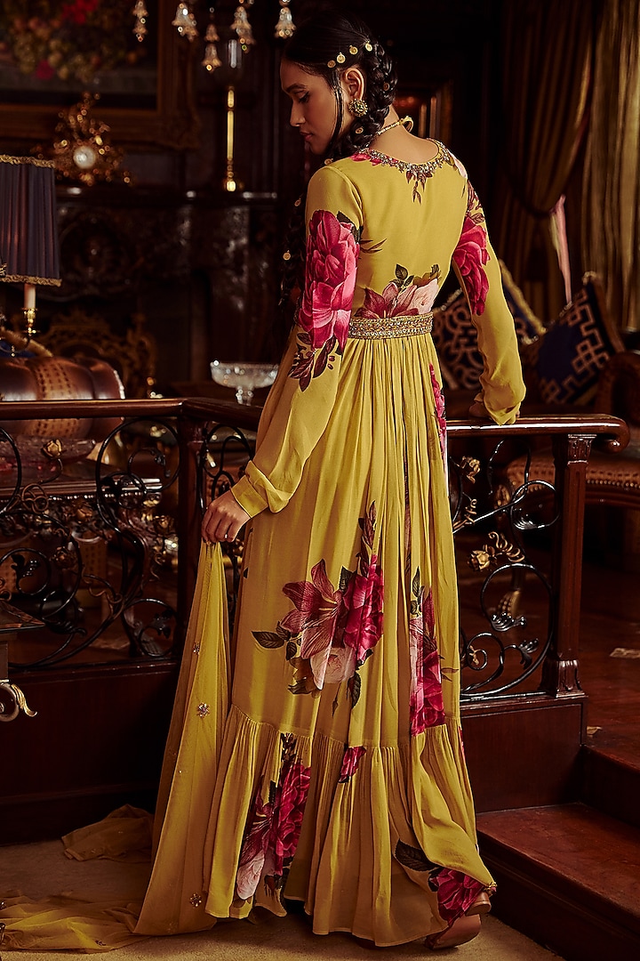 Yellow Printed Wedding Anarkali Set by Kalista at Pernia's Pop Up Shop