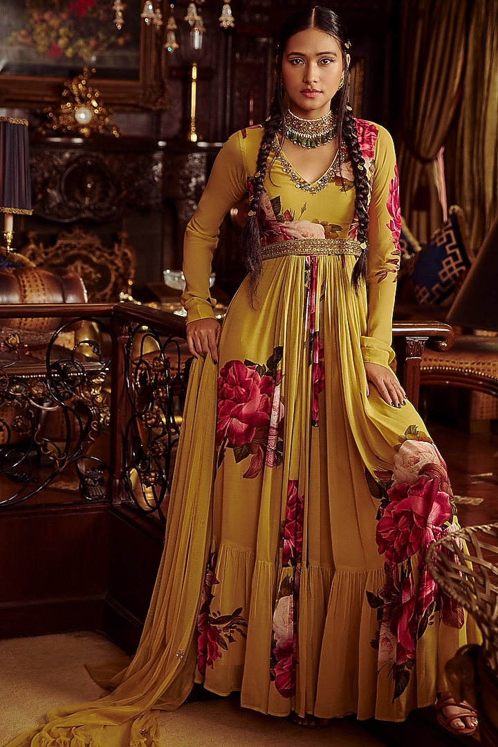 Yellow Printed Wedding Anarkali Set by Kalista at Pernia's Pop Up Shop