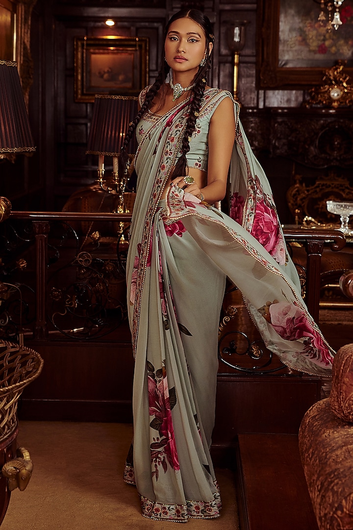 Aqua Embellished Pre-Draped Saree Set by Kalista