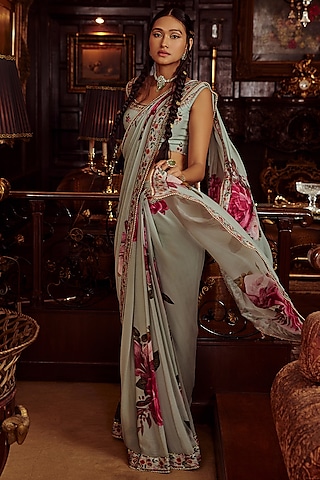 Aqua Viscose Georgette Floral Printed Pre-Draped Saree Set by Kalista