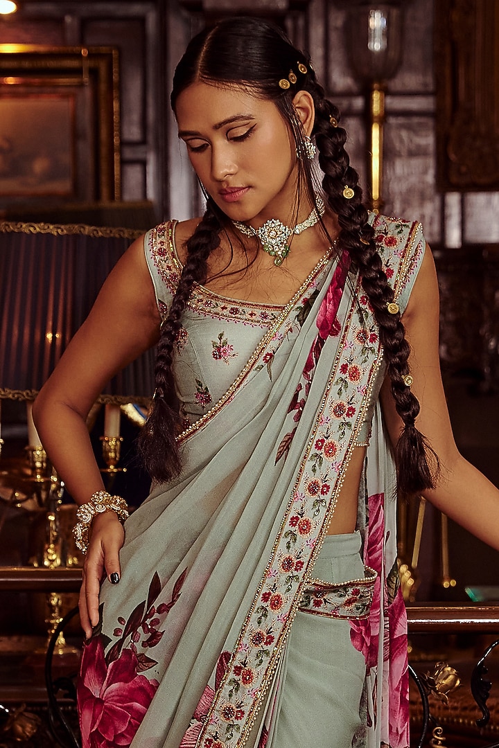 Aqua Viscose Georgette Floral Printed Pre-Draped Wedding Saree Set by Kalista at Pernia's Pop Up Shop