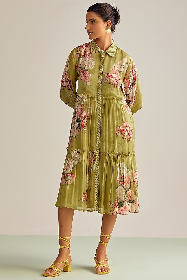 Lime Green Viscose Chinon Printed Midi Dress by Kalista