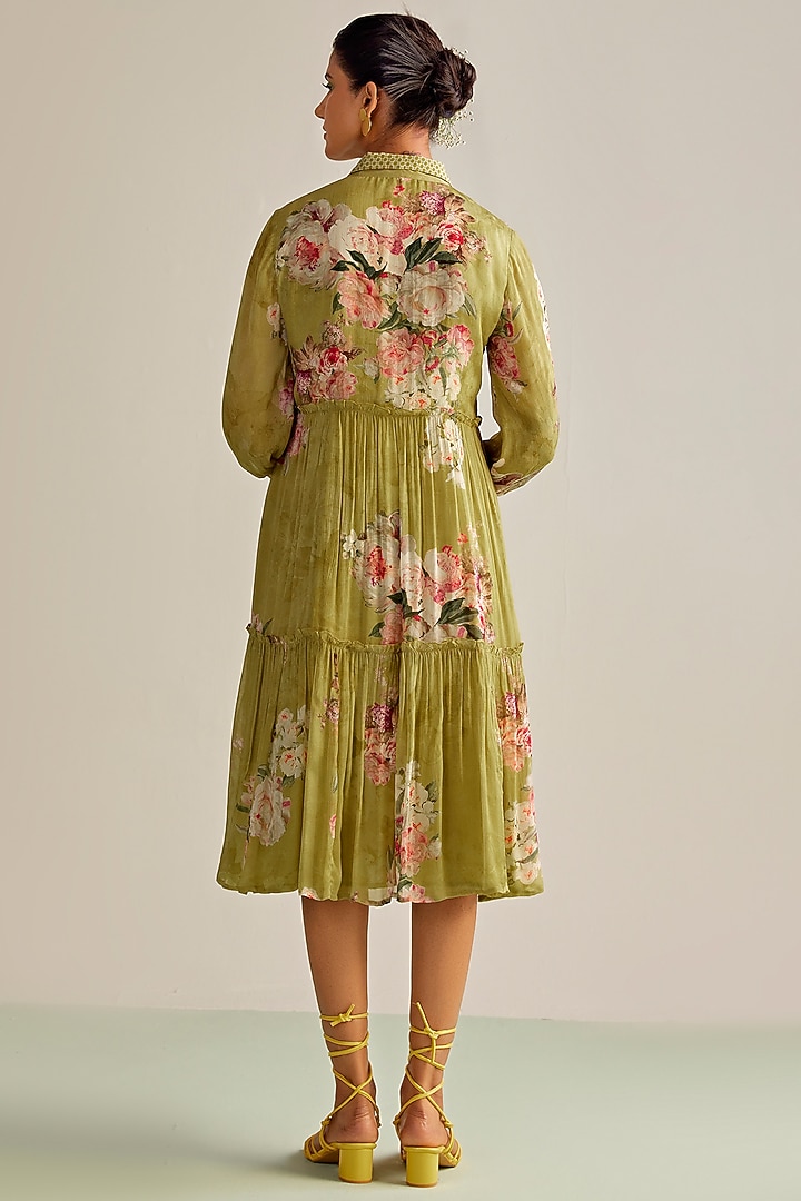 Lime Green Viscose Chinon Printed Midi Summer Dress by Kalista at Pernia's Pop Up Shop