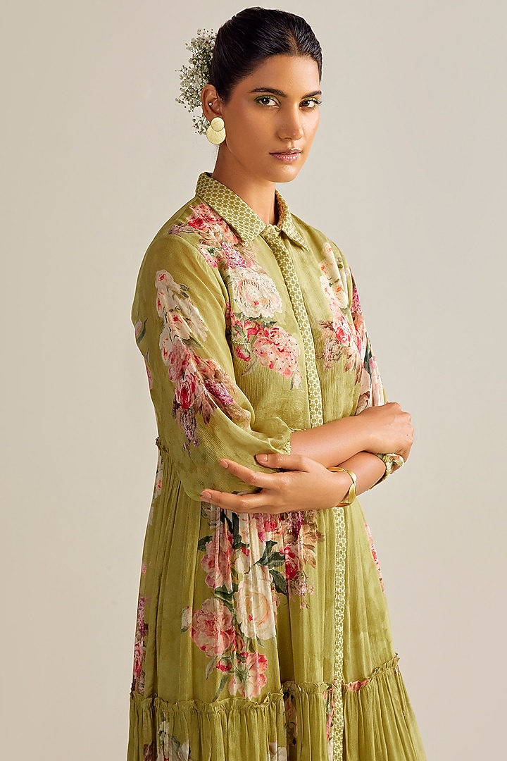 Lime Green Viscose Chinon Printed Midi Summer Dress by Kalista at Pernia's Pop Up Shop