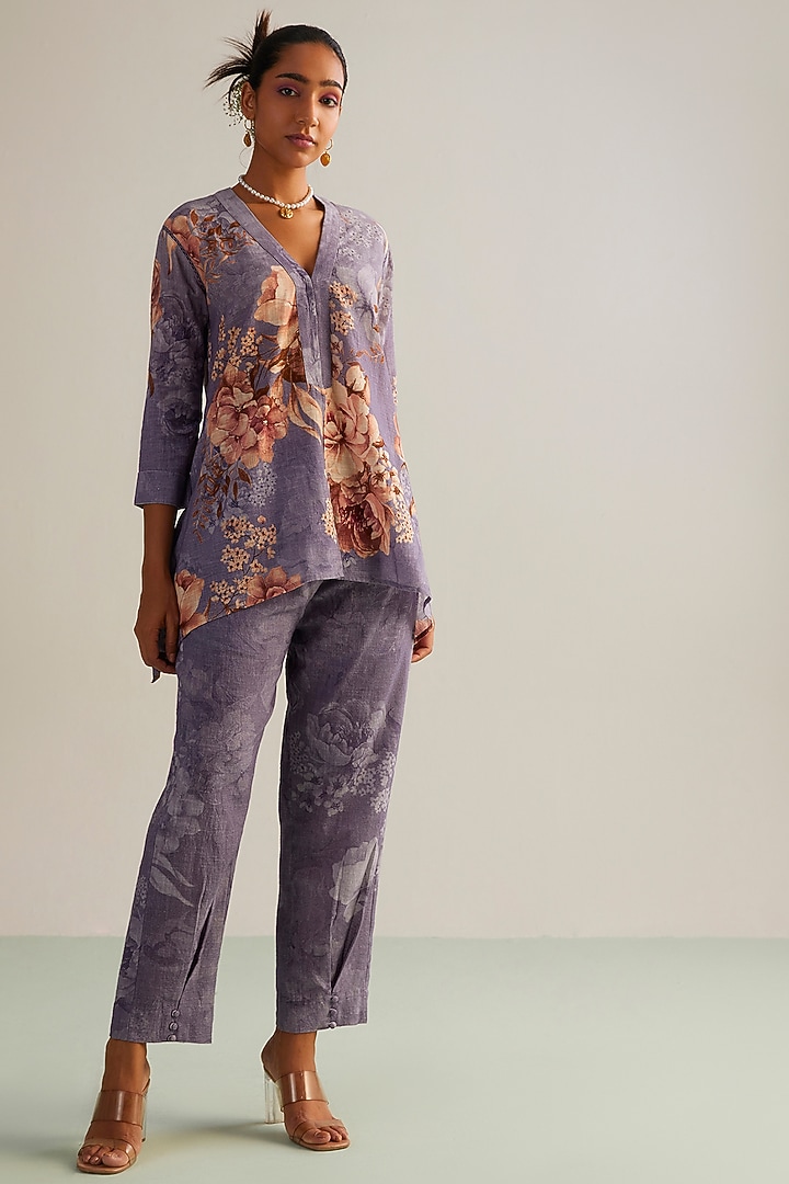 Lavender Viscose Slub Printed Co-Ord Set by Kalista at Pernia's Pop Up Shop
