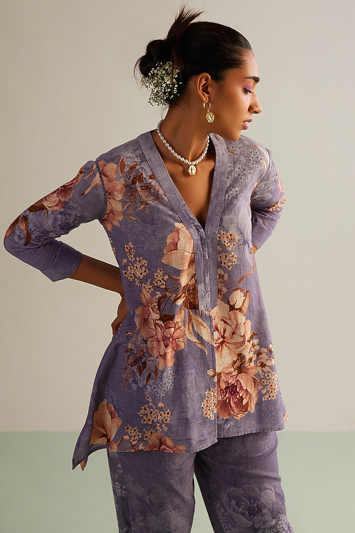 Lavender Viscose Slub Printed Co-Ord Set by Kalista at Pernia's Pop Up Shop