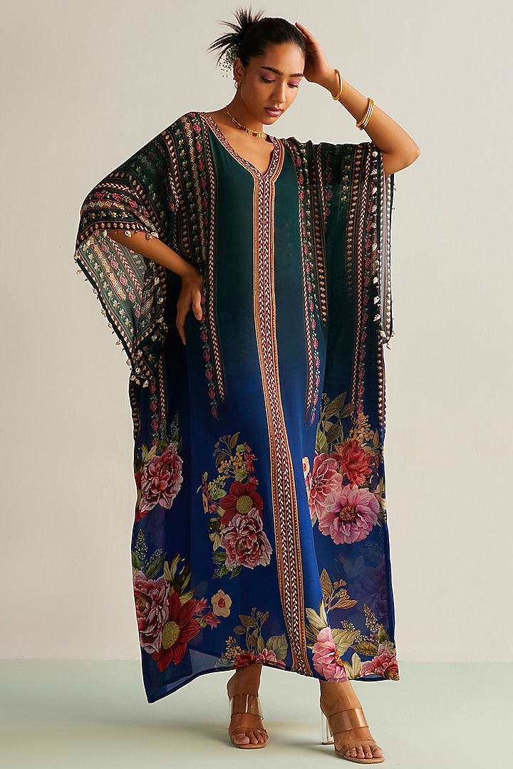 Blue Ombre Natural Crepe Printed Kaftan by Kalista