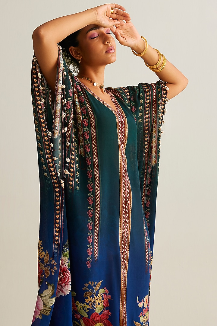 Blue Ombre Natural Crepe Printed Kaftan by Kalista at Pernia's Pop Up Shop